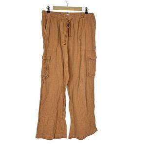 Roxy Pants Womens XL Tan Wide Leg Cargo Drawstring High-Waisted Cotton Gauze